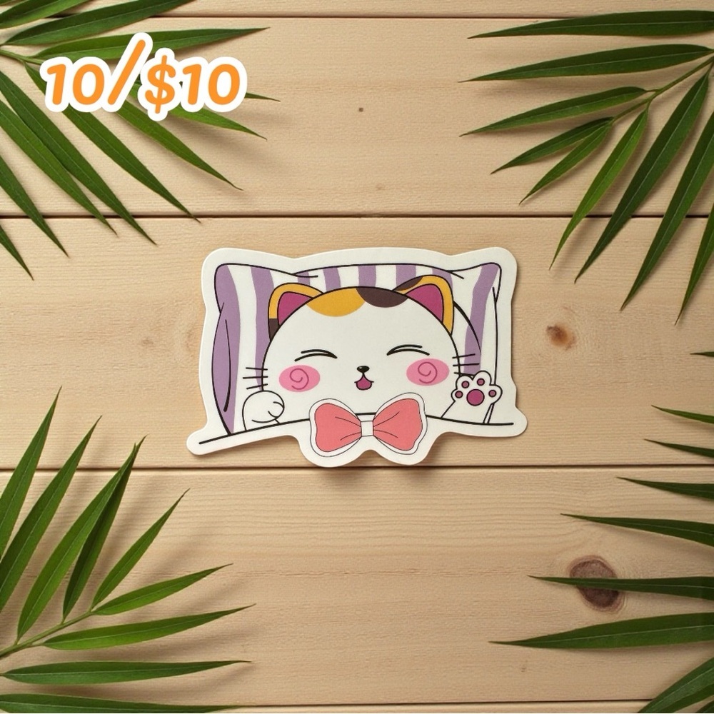 SLEEPY CAT Sticker – Kawaii Calico with Bow | 2.5” Vinyl | 10 for $10